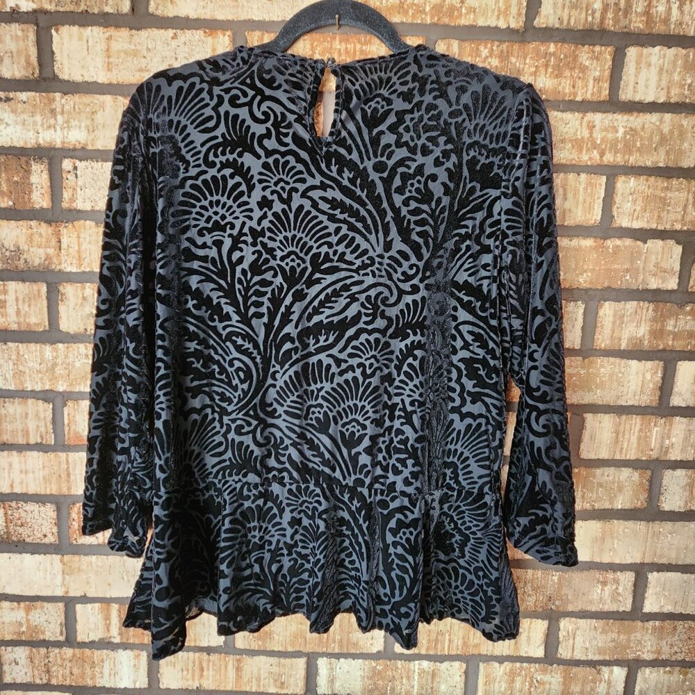 Lauren Ralph Lauren Black Velvet Burnout Long Sleeve Peplum Waist Top Size XL - Picture 3 of 4